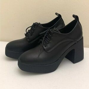 WuORWu Black Platform Lace Up Block Heels Round Toe Shoes Size 7